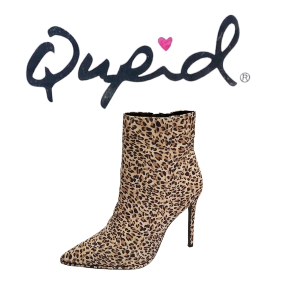 Qupid Into The Wild Black & Tan Leopard Print Stud Detail Stiletto Booties Sz 8 - Picture 1 of 13